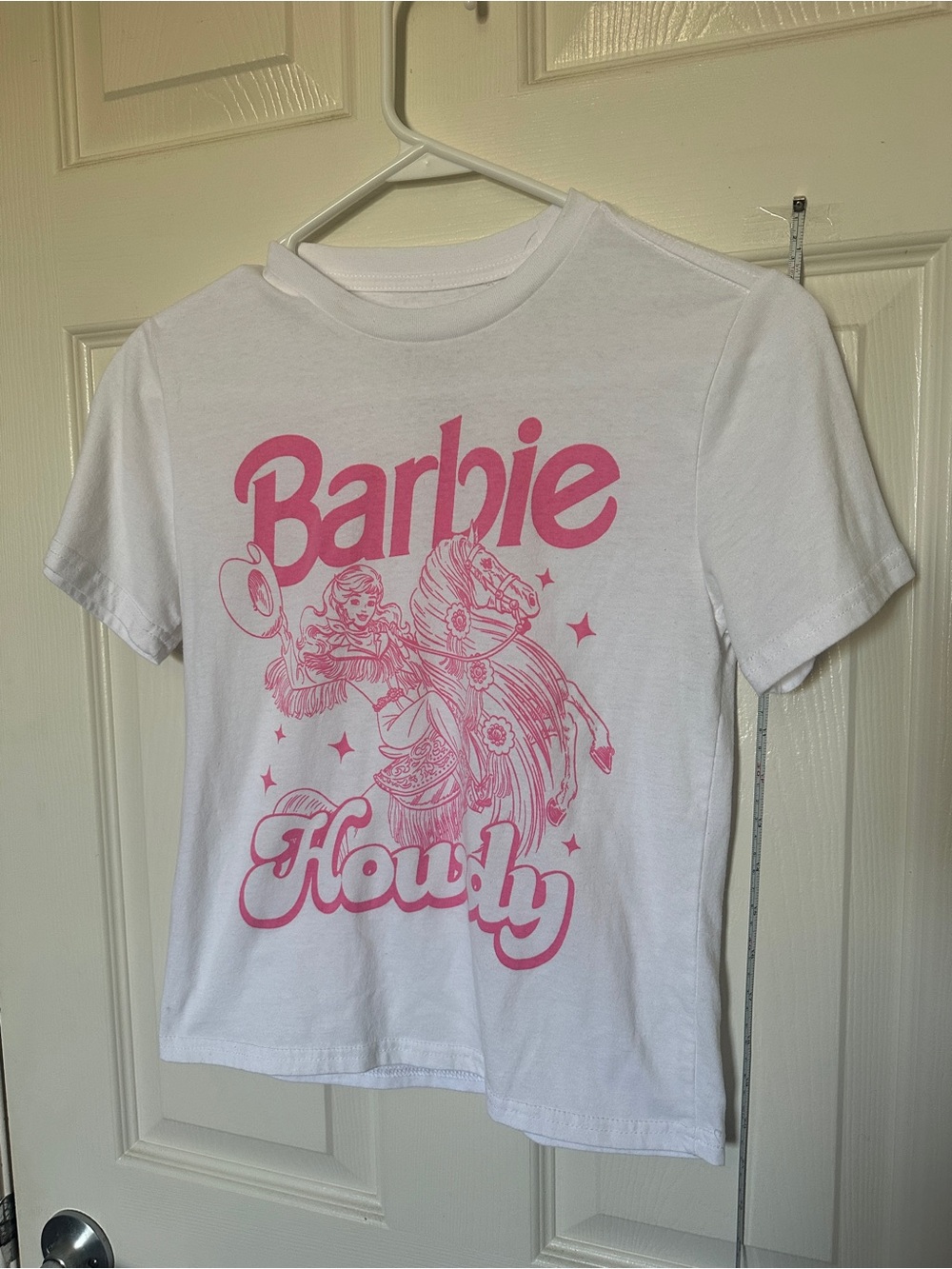 100% cotton Barbie White Tee with Pink Cowboy Graphic